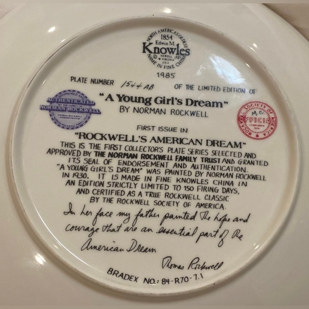 Norman Rockwell’s A Young Girl’s Dream Collectible Plate - Picture 3 of 7